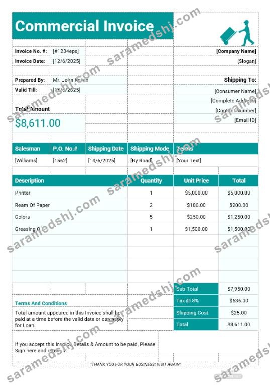 Printable Commercial Invoice Template
